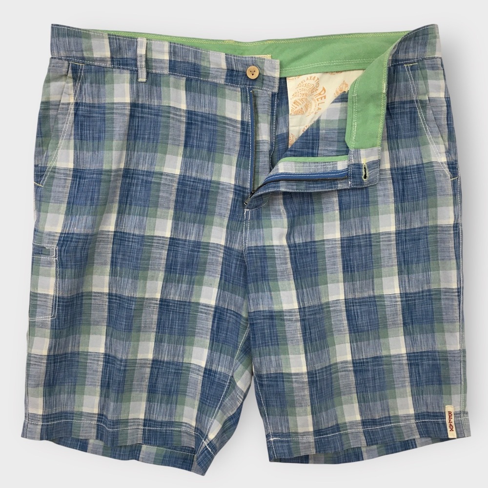 Tommy Bahama Relax Linen Plaid Shorts Casual Comfort Blue Green Mens 40‎